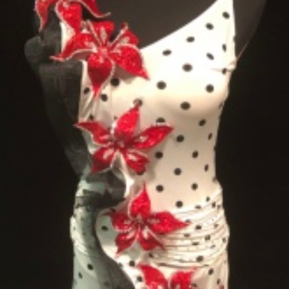 "Lola" - Polka Dot couture Valeria Designs Swing dresss w/ red Swarovski flowers - Picture 2 of 6